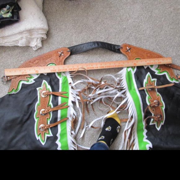 Brown Tooled Leather Cowboy Chaps Fringe Leather Chaps Western Rodeo Chaps Black - Picture 4 of 6